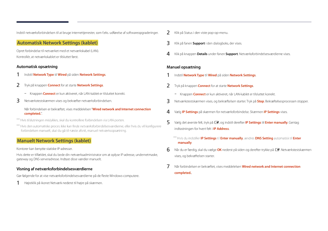 Samsung LH32DBDPLGC/EN manual Automatisk Network Settings kablet, Manuelt Network Settings kablet, Manually, Completed 