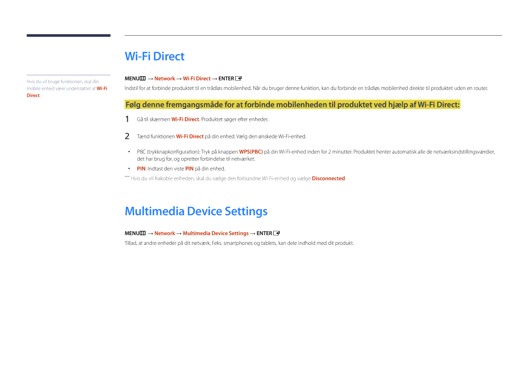 Samsung LH32DBDPLGC/EN, LH48DBDPLGC/EN manual Multimedia Device Settings, MENUm → Network → Wi-Fi Direct → Entere 