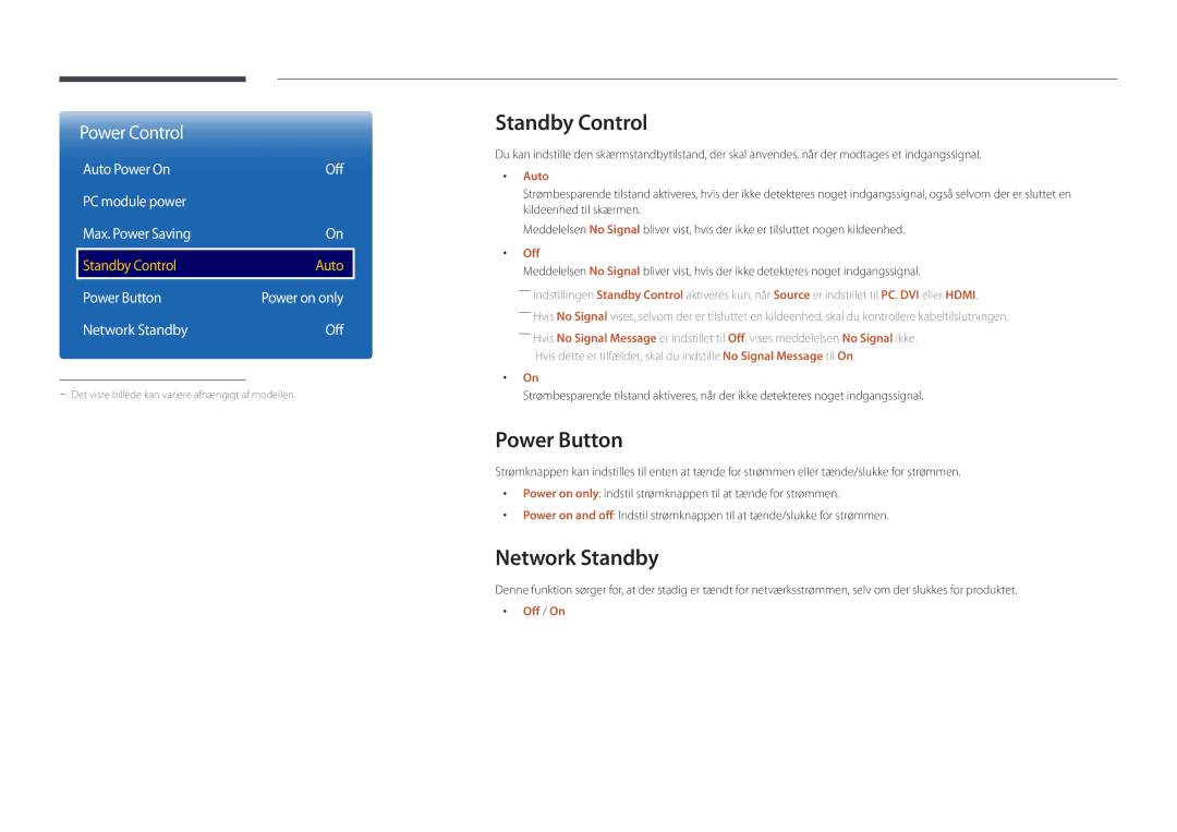 Samsung LH55DBDPLGC/EN Standby Control, Power Button, Network Standby, Auto Power On Off PC module power Max. Power Saving 