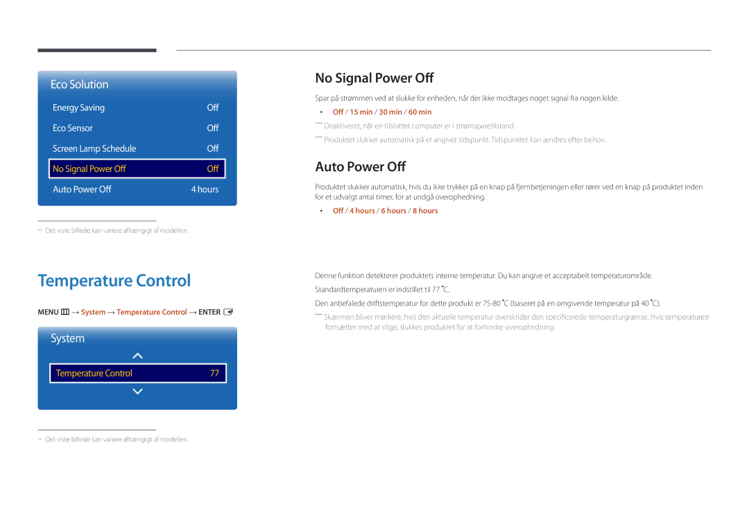 Samsung LH48DBDPLGC/EN, LH32DBDPLGC/EN, LH40DBDPLGC/EN manual Temperature Control, No Signal Power Off, Auto Power Off 