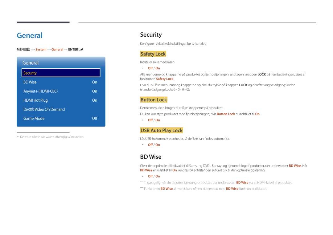 Samsung LH48DBDPLGC/EN, LH32DBDPLGC/EN, LH40DBDPLGC/EN, LH55DBDPLGC/EN manual General, Security, BD Wise 