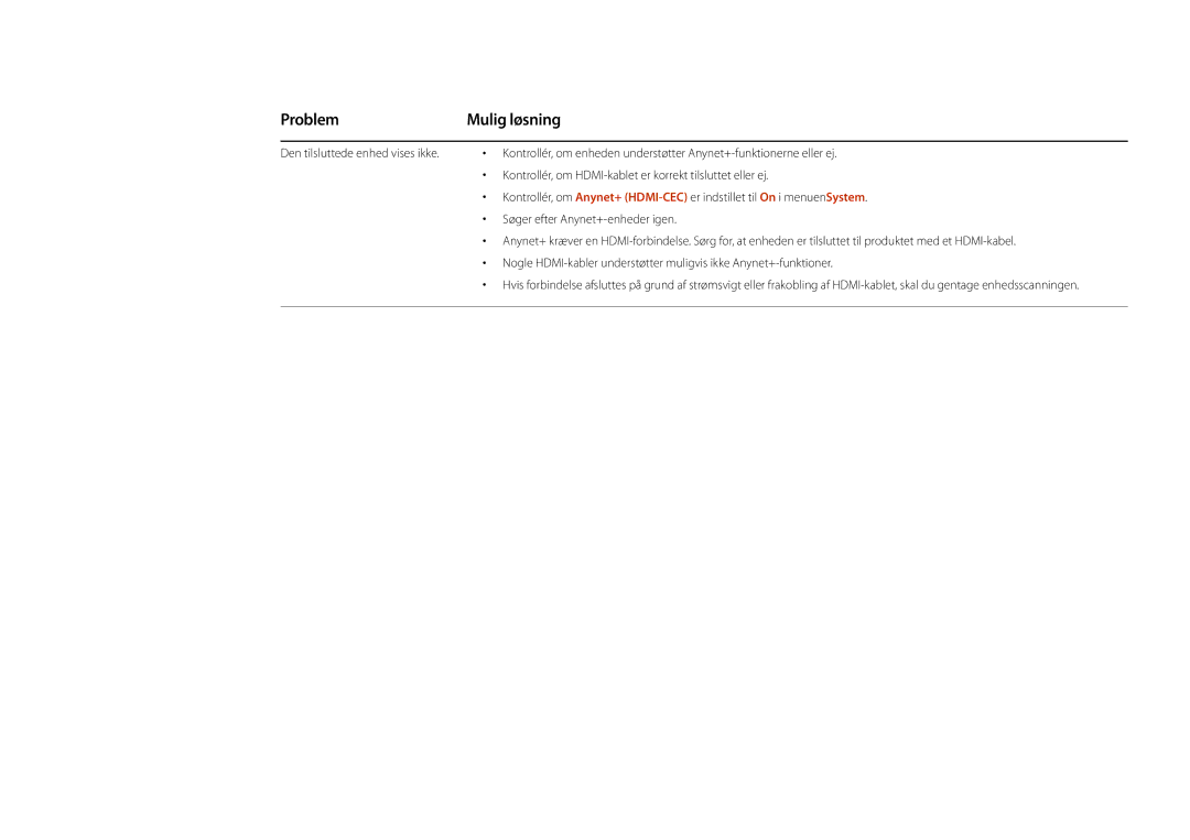 Samsung LH48DBDPLGC/EN, LH32DBDPLGC/EN, LH40DBDPLGC/EN, LH55DBDPLGC/EN manual Problem, Mulig løsning 