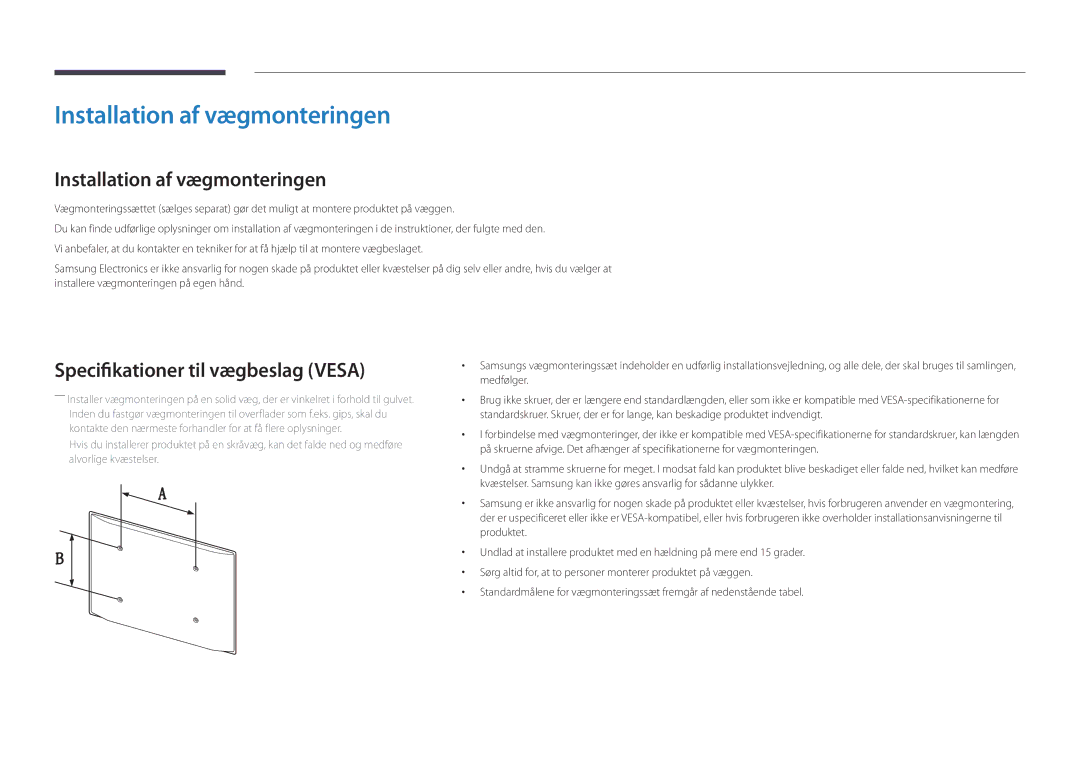 Samsung LH32DBDPLGC/EN, LH48DBDPLGC/EN, LH40DBDPLGC/EN Installation af vægmonteringen, Specifikationer til vægbeslag Vesa 