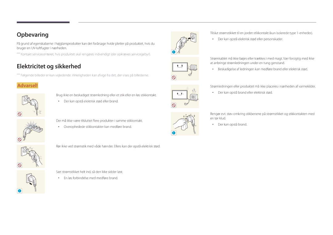 Samsung LH55DBDPLGC/EN, LH32DBDPLGC/EN, LH48DBDPLGC/EN, LH40DBDPLGC/EN manual Opbevaring, Elektricitet og sikkerhed 