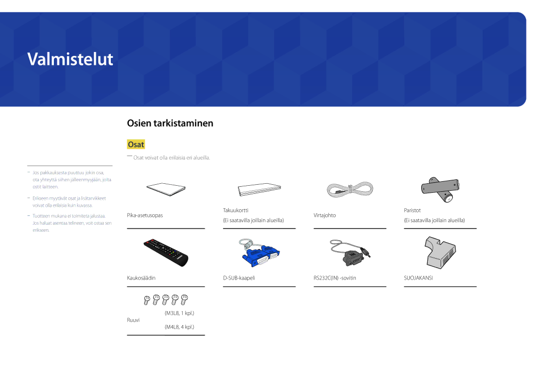 Samsung LH48DBDPLGC/EN, LH32DBDPLGC/EN Valmistelut, Osien tarkistaminen, Osat, Kaukosäädin SUB-kaapeli RS232CIN -sovitin 