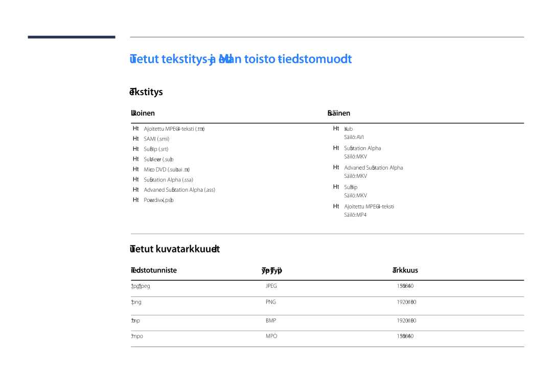 Samsung LH48DBDPLGC/EN Tuetut tekstitys- ja Median toisto -tiedostomuodot, Tekstitys, Tuetut kuvatarkkuudet, Ulkoinen 