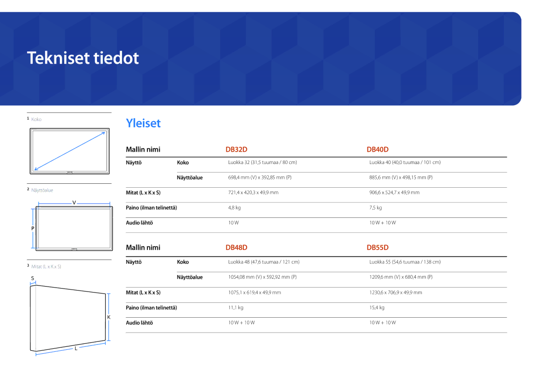 Samsung LH48DBDPLGC/EN, LH32DBDPLGC/EN, LH40DBDPLGC/EN, LH55DBDPLGC/EN manual Tekniset tiedot, Yleiset 