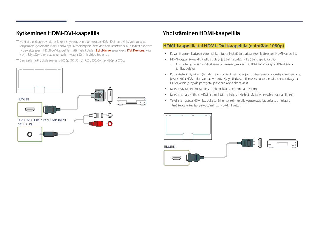 Samsung LH55DBDPLGC/EN manual Yhdistäminen HDMI-kaapelilla, HDMI-kaapelilla tai HDMI-DVI-kaapelilla enintään 1080p 