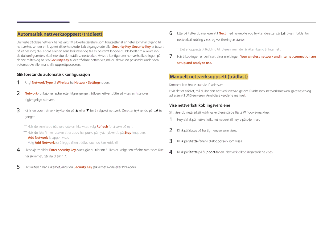 Samsung LH40DBDPLGC/EN, LH32DBDPLGC/EN manual Automatisk nettverksoppsett trådløst, Manuelt nettverksoppsett trådløst 