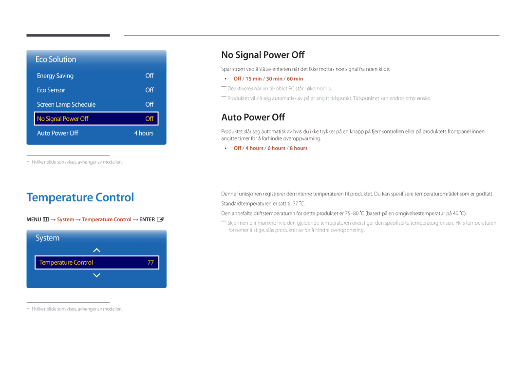 Samsung LH48DBDPLGC/EN, LH32DBDPLGC/EN, LH40DBDPLGC/EN manual Temperature Control, No Signal Power Off, Auto Power Off 