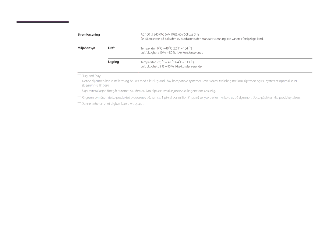 Samsung LH40DBDPLGC/EN, LH32DBDPLGC/EN, LH48DBDPLGC/EN, LH55DBDPLGC/EN manual Strømforsyning, Miljøhensyn Drift, Lagring 