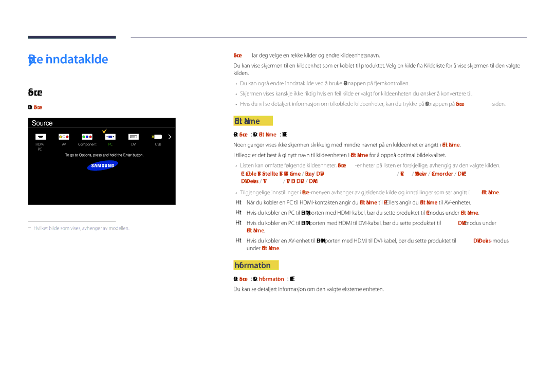 Samsung LH55DBDPLGC/EN, LH32DBDPLGC/EN, LH48DBDPLGC/EN, LH40DBDPLGC/EN Bytte inndatakilde, Source, Edit Name, Information 