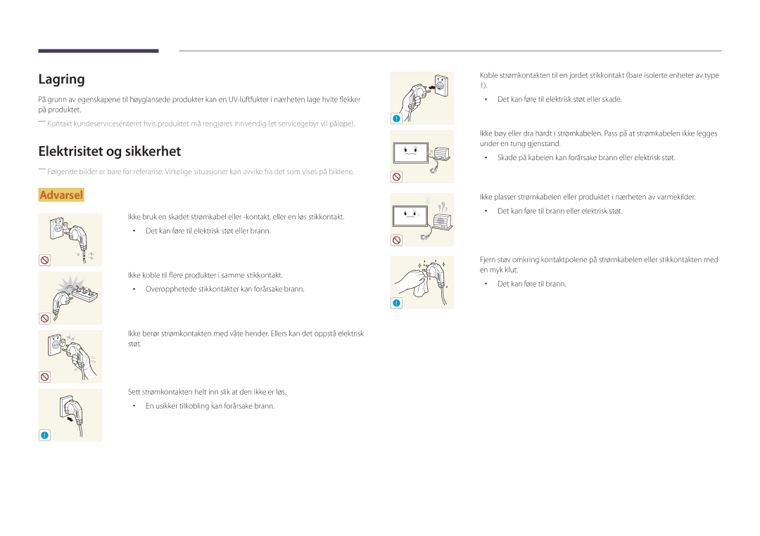 Samsung LH55DBDPLGC/EN, LH32DBDPLGC/EN, LH48DBDPLGC/EN, LH40DBDPLGC/EN manual Lagring, Elektrisitet og sikkerhet 