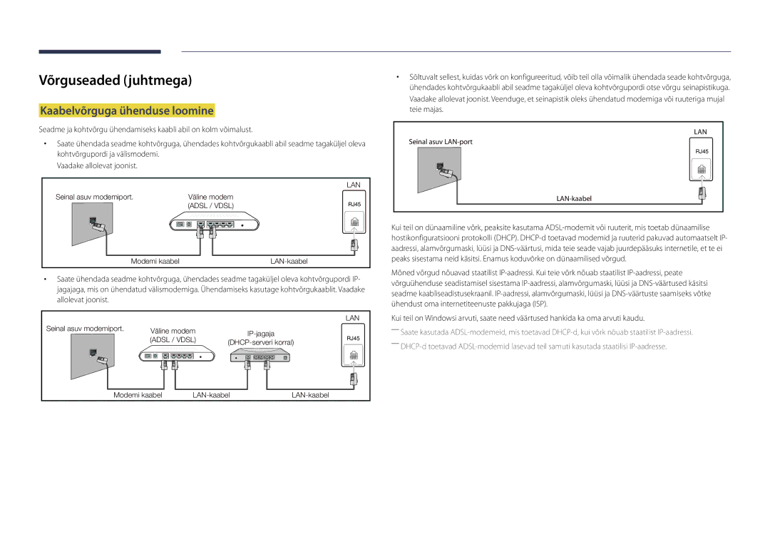 Samsung LH55DBDPLGC/EN, LH32DBDPLGC/EN, LH48DBDPLGC/EN, LH40DBDPLGC/EN Võrguseaded juhtmega, Kaabelvõrguga ühenduse loomine 