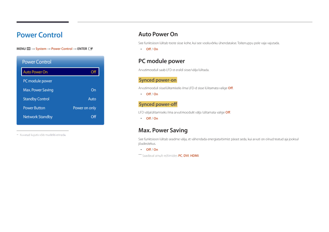 Samsung LH40DBDPLGC/EN, LH32DBDPLGC/EN, LH48DBDPLGC/EN Power Control, Auto Power On, PC module power, Max. Power Saving 