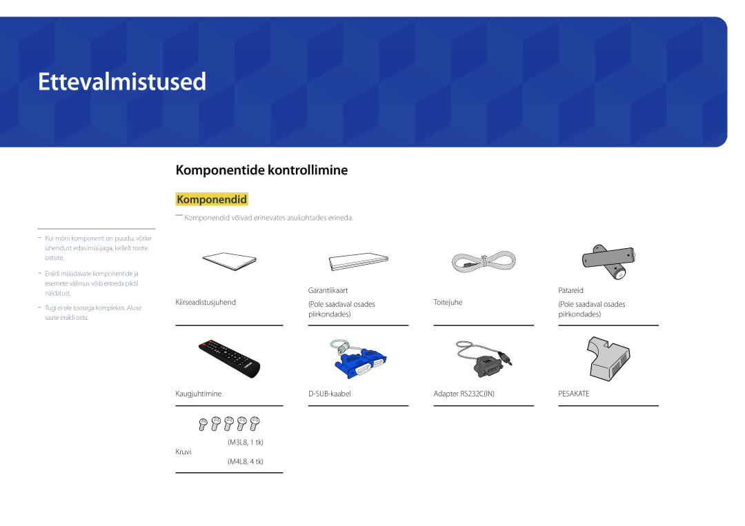 Samsung LH48DBDPLGC/EN manual Ettevalmistused, Komponentide kontrollimine, Komponendid, M3L8, 1 tk Kruvi M4L8, 4 tk 