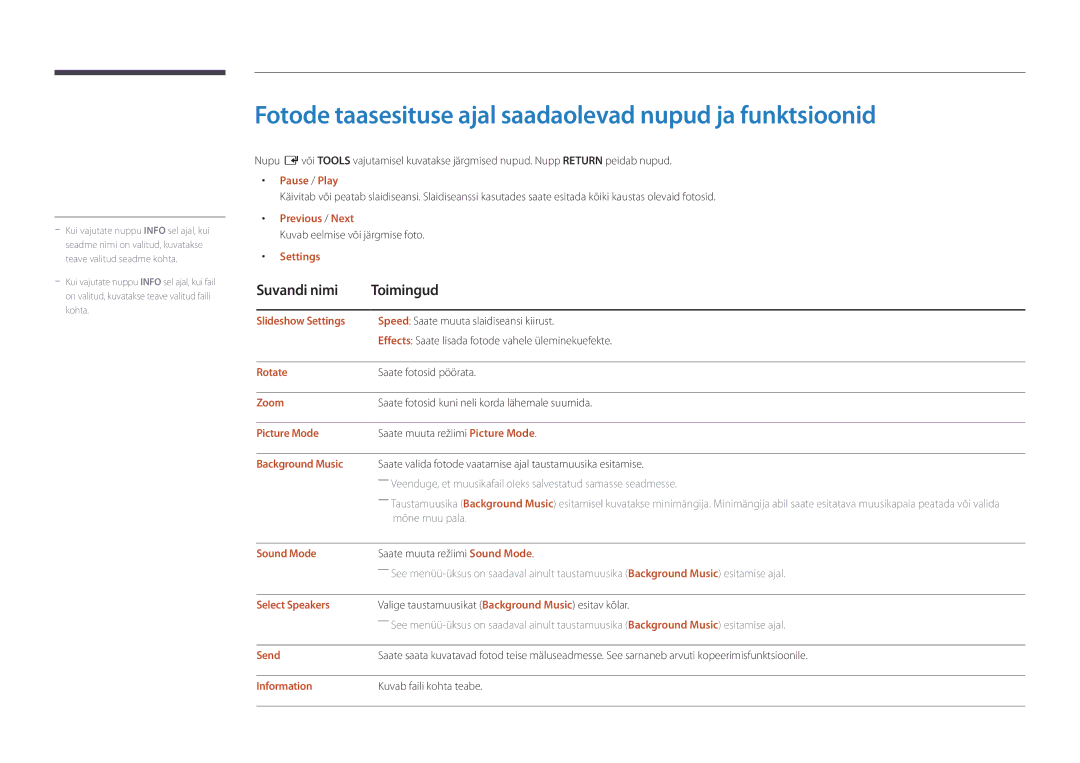 Samsung LH40DBDPLGC/EN, LH32DBDPLGC/EN, LH48DBDPLGC/EN manual Fotode taasesituse ajal saadaolevad nupud ja funktsioonid 