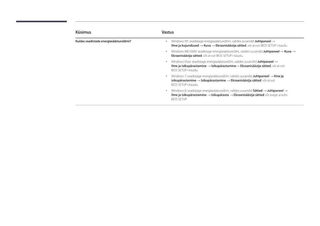 Samsung LH32DBDPLGC/EN manual Kuidas seadistada energiasäästurežiimi?, Ekraanisäästja sätted, või arvuti Bios SETUP-i kaudu 