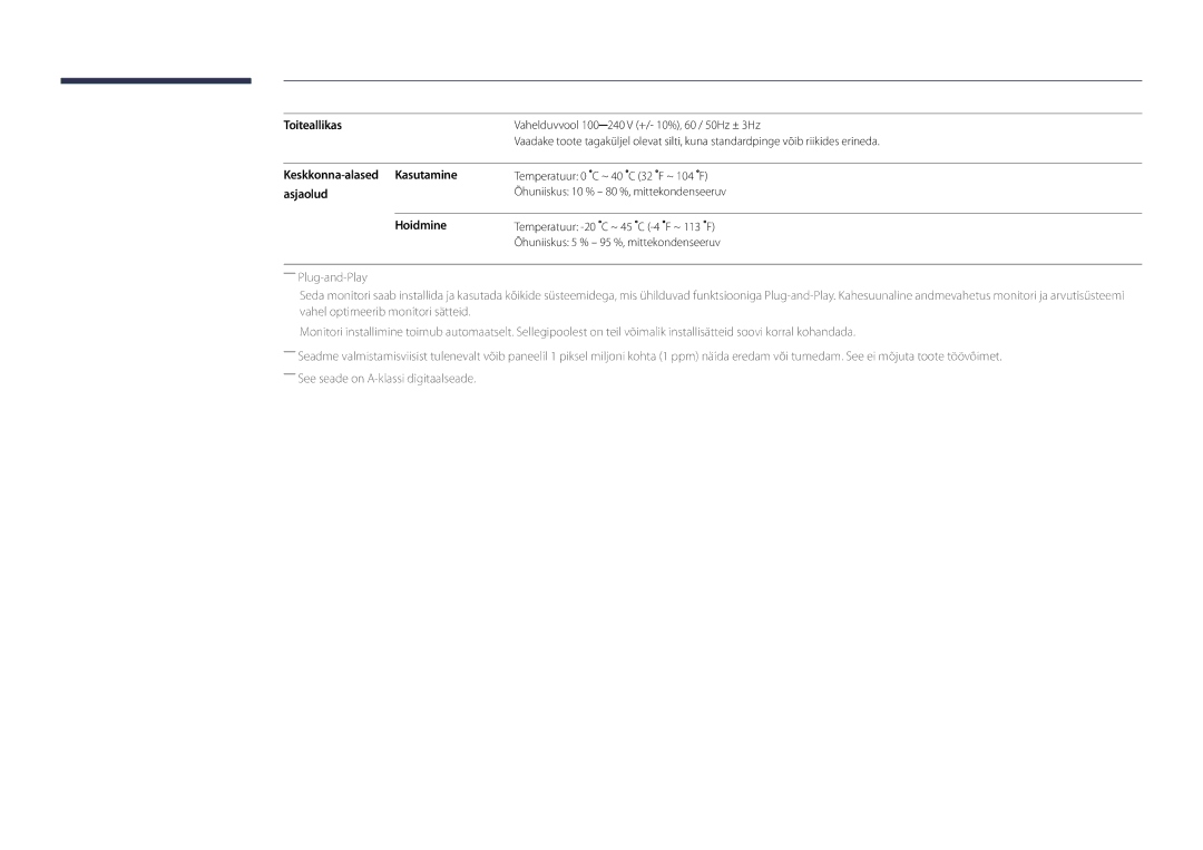 Samsung LH40DBDPLGC/EN, LH32DBDPLGC/EN, LH48DBDPLGC/EN manual Toiteallikas, Keskkonna-alased Kasutamine, Asjaolud, Hoidmine 