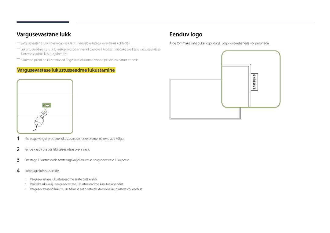 Samsung LH40DBDPLGC/EN, LH32DBDPLGC/EN, LH48DBDPLGC/EN manual Vargusevastane lukk, Vargusevastase lukustusseadme lukustamine 