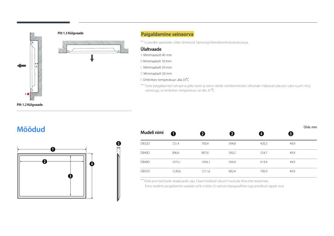 Samsung LH40DBDPLGC/EN, LH32DBDPLGC/EN, LH48DBDPLGC/EN manual Mõõdud, Paigaldamine seinaorva, Ülaltvaade, Mudeli nimi 