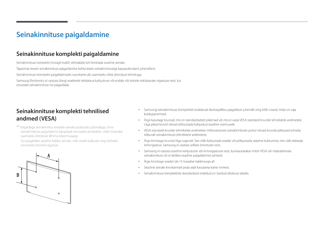 Samsung LH32DBDPLGC/EN, LH48DBDPLGC/EN, LH40DBDPLGC/EN Seinakinnituse paigaldamine, Seinakinnituse komplekti paigaldamine 