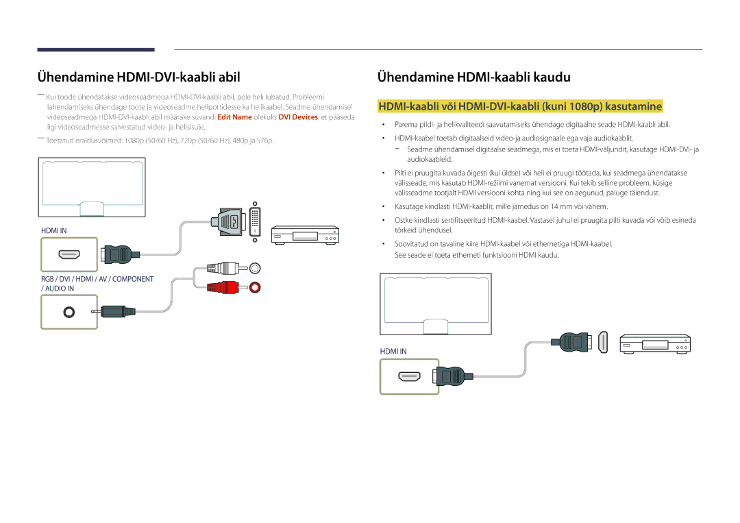 Samsung LH55DBDPLGC/EN manual Ühendamine HDMI-DVI-kaabli abil, HDMI-kaabli või HDMI-DVI-kaabli kuni 1080p kasutamine 