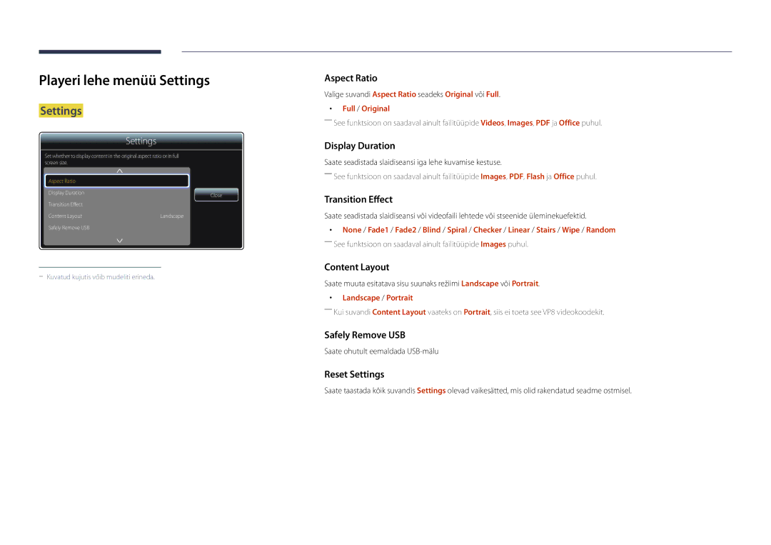 Samsung LH48DBDPLGC/EN, LH32DBDPLGC/EN, LH40DBDPLGC/EN Playeri lehe menüü Settings, Full / Original, Landscape / Portrait 