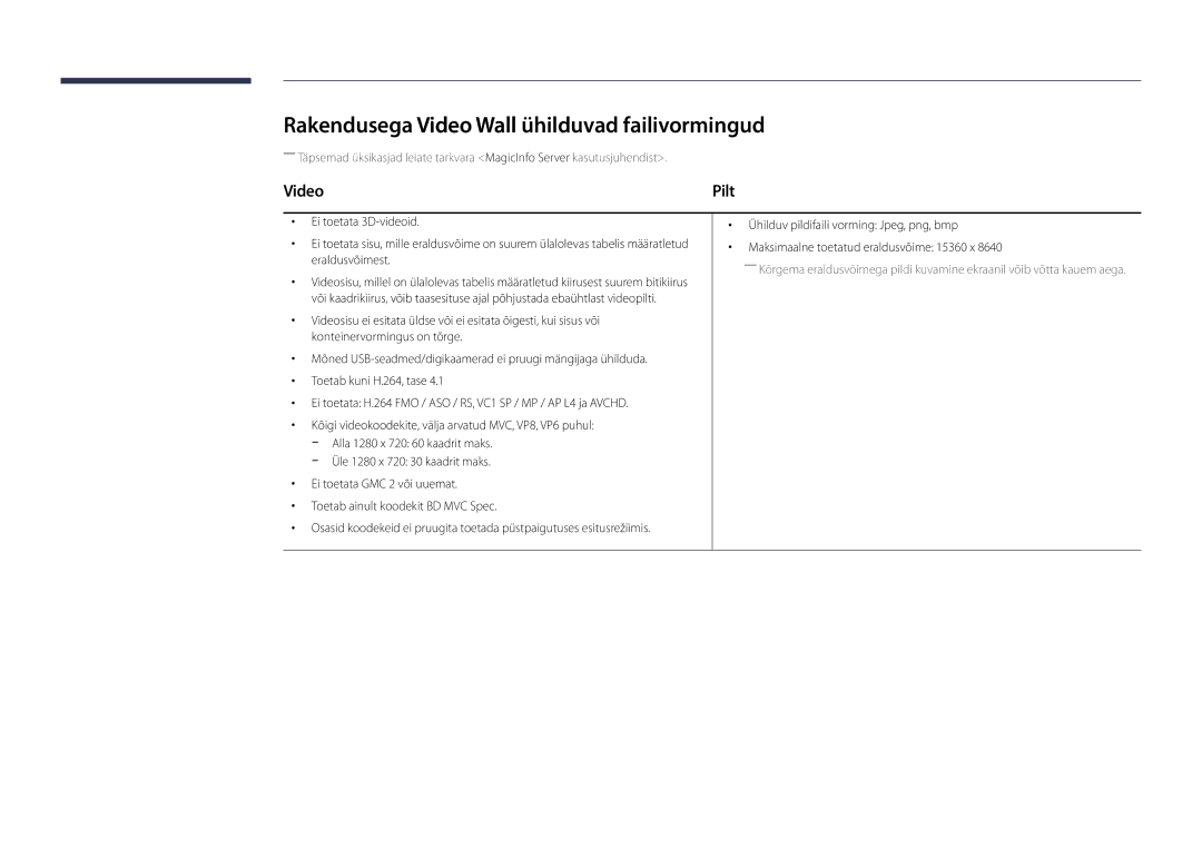 Samsung LH48DBDPLGC/EN, LH32DBDPLGC/EN, LH40DBDPLGC/EN, LH55DBDPLGC/EN manual Rakendusega Video Wall ühilduvad failivormingud 