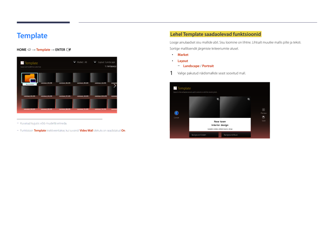 Samsung LH48DBDPLGC/EN manual Lehel Template saadaolevad funktsioonid, Home → Template → Enter E, Market, Layout 