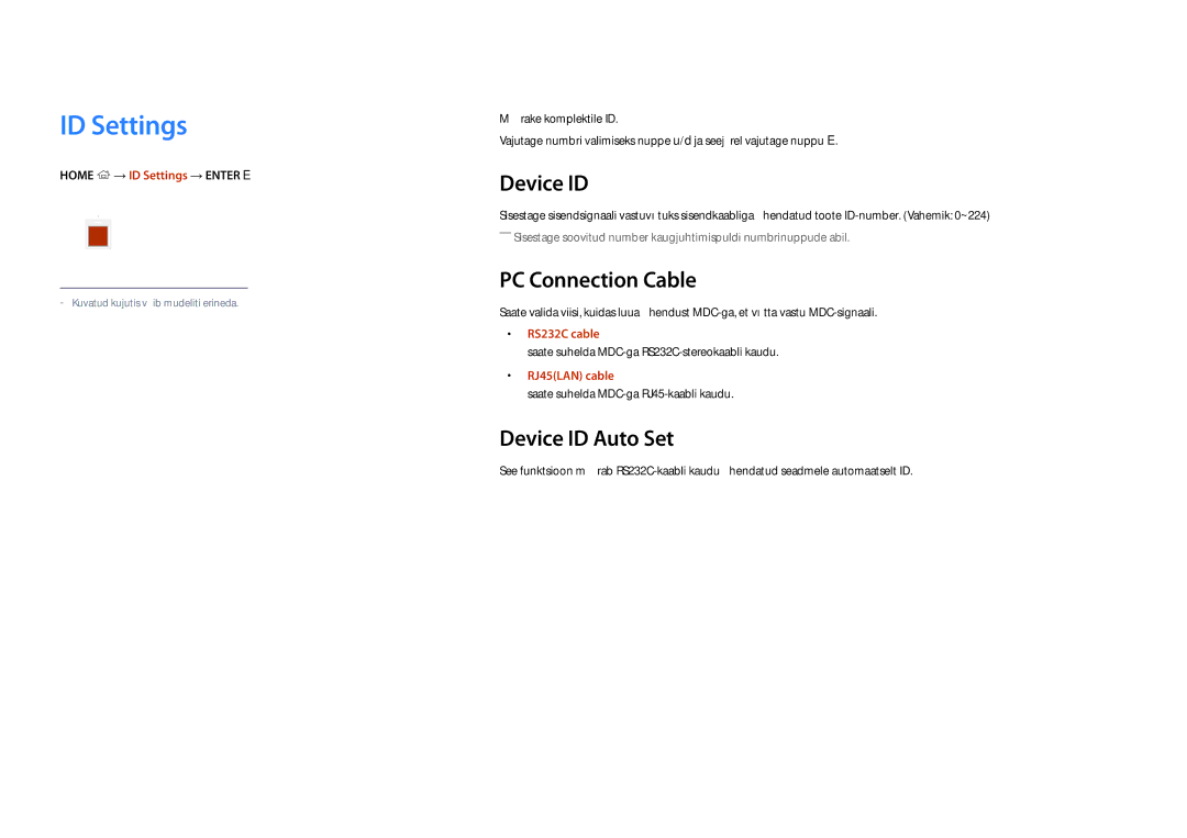 Samsung LH48DBDPLGC/EN, LH32DBDPLGC/EN, LH40DBDPLGC/EN manual ID Settings, PC Connection Cable, Device ID Auto Set 