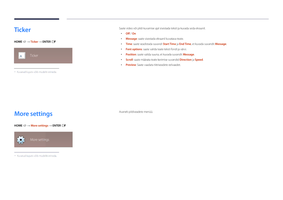 Samsung LH55DBDPLGC/EN, LH32DBDPLGC/EN, LH48DBDPLGC/EN, LH40DBDPLGC/EN manual Ticker, Home → More settings → Enter E 