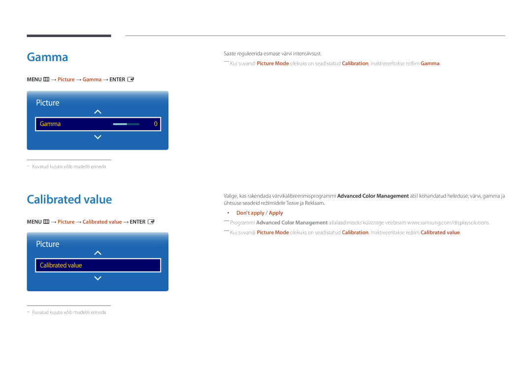 Samsung LH48DBDPLGC/EN, LH32DBDPLGC/EN manual Calibrated value, Menu m → Picture → Gamma → Enter E, Dont apply / Apply 