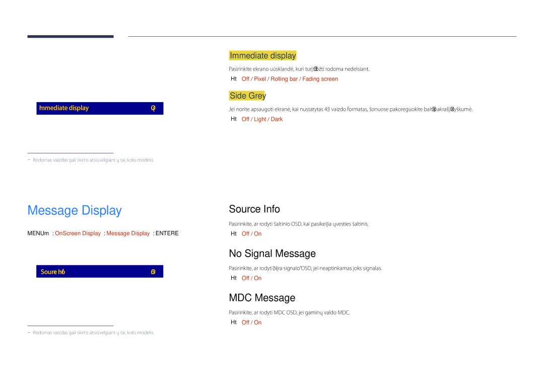 Samsung LH48DBDPLGC/EN, LH32DBDPLGC/EN, LH40DBDPLGC/EN manual Message Display, Source Info, No Signal Message, MDC Message 