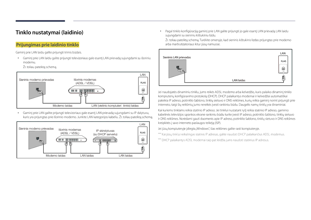 Samsung LH55DBDPLGC/EN, LH32DBDPLGC/EN, LH48DBDPLGC/EN manual Tinklo nustatymai laidinio, Prijungimas prie laidinio tinklo 