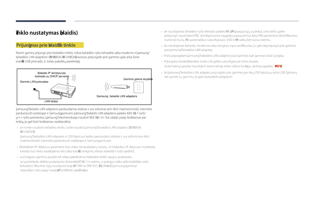 Samsung LH48DBDPLGC/EN, LH32DBDPLGC/EN, LH40DBDPLGC/EN manual Tinklo nustatymas belaidis, Prijungimas prie belaidžio tinklo 