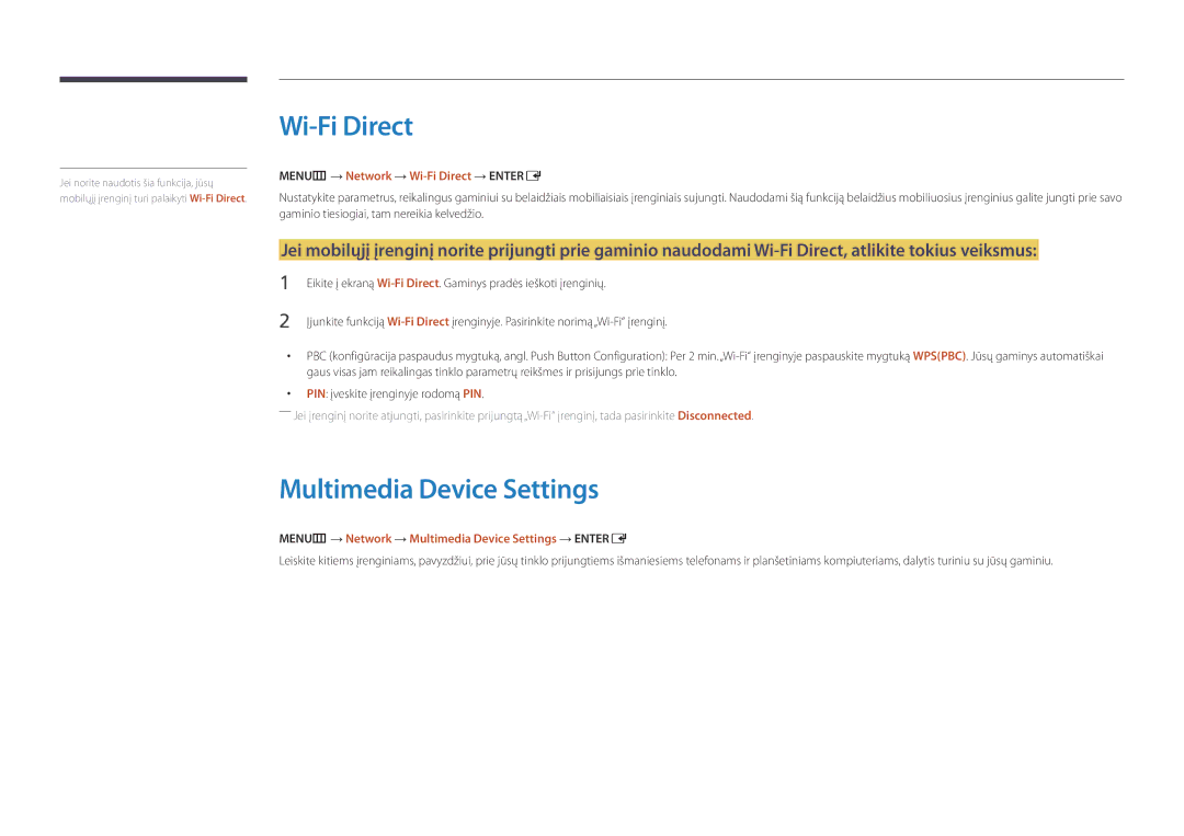 Samsung LH32DBDPLGC/EN, LH48DBDPLGC/EN manual Multimedia Device Settings, MENUm → Network → Wi-Fi Direct → Entere 