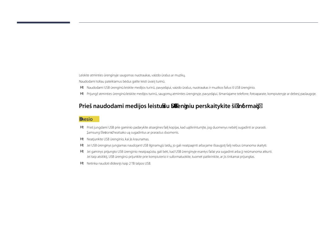 Samsung LH32DBDPLGC/EN, LH48DBDPLGC/EN, LH40DBDPLGC/EN manual Dėmesio, Netinka naudoti didesnės kaip 2 TB talpos USB 