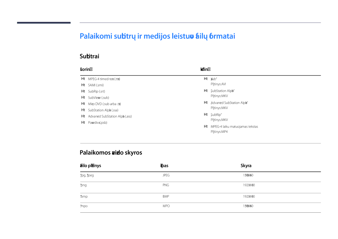 Samsung LH48DBDPLGC/EN Palaikomi subtitrų ir medijos leistuvo failų formatai, Subtitrai, Palaikomos vaizdo skyros, Išorinė 