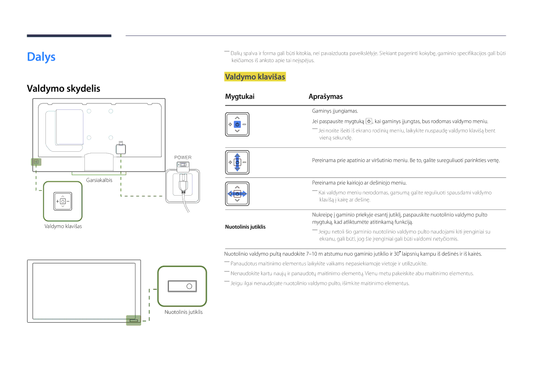 Samsung LH55DBDPLGC/EN, LH32DBDPLGC/EN, LH48DBDPLGC/EN manual Dalys, Valdymo skydelis, Valdymo klavišas, MygtukaiAprašymas 