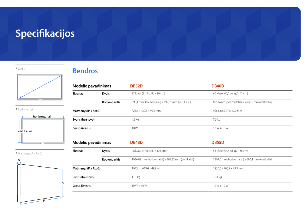 Samsung LH48DBDPLGC/EN, LH32DBDPLGC/EN, LH40DBDPLGC/EN, LH55DBDPLGC/EN manual Specifikacijos, Bendros, Modelio pavadinimas 