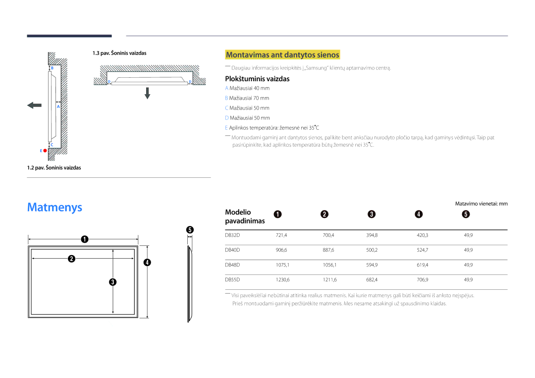 Samsung LH40DBDPLGC/EN manual Matmenys, Montavimas ant dantytos sienos, Plokštuminis vaizdas, Modelio, Matavimo vienetai mm 