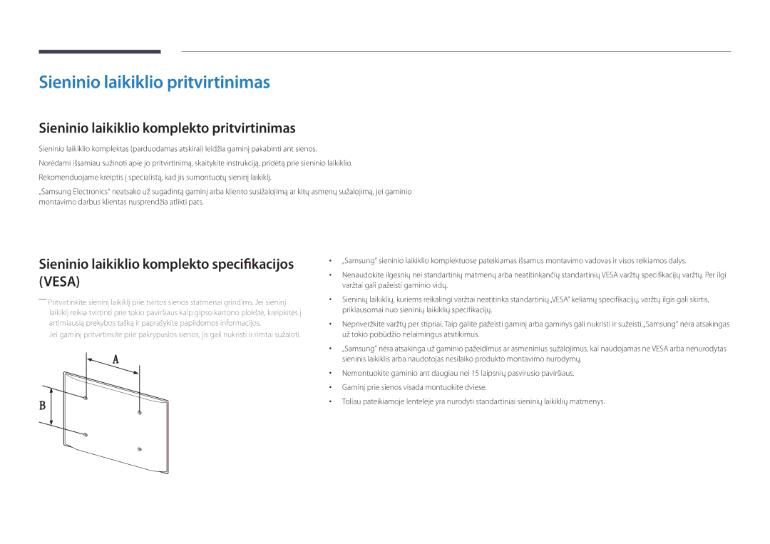 Samsung LH32DBDPLGC/EN, LH48DBDPLGC/EN manual Sieninio laikiklio pritvirtinimas, Sieninio laikiklio komplekto pritvirtinimas 