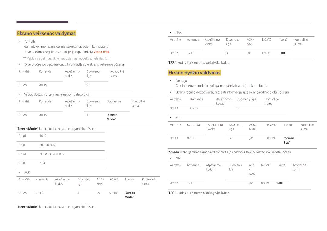 Samsung LH48DBDPLGC/EN, LH32DBDPLGC/EN, LH40DBDPLGC/EN manual Ekrano veiksenos valdymas, Ekrano dydžio valdymas, Funkcija 