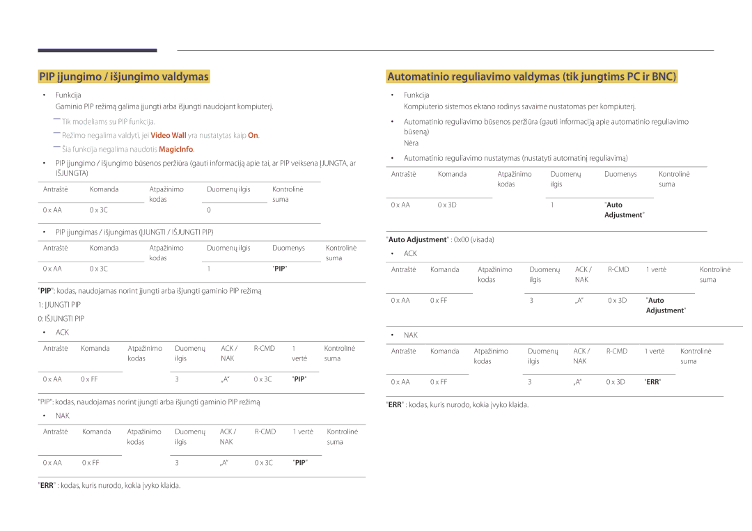 Samsung LH40DBDPLGC/EN manual PIP įjungimo / išjungimo valdymas, Automatinio reguliavimo valdymas tik jungtims PC ir BNC 