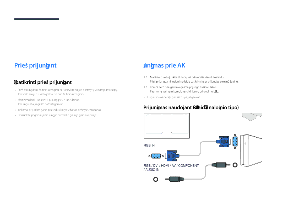 Samsung LH55DBDPLGC/EN, LH32DBDPLGC/EN Šaltinio įrenginio prijungimas ir naudojimas, Prieš prijungiant, Jungimas prie AK 