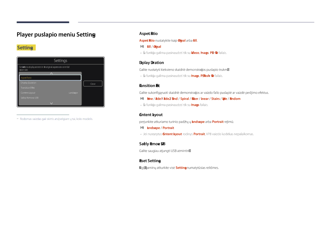 Samsung LH48DBDPLGC/EN manual Player puslapio meniu Settings, Landscape / Portrait, Galite saugiau atjungti USB atmintinę 