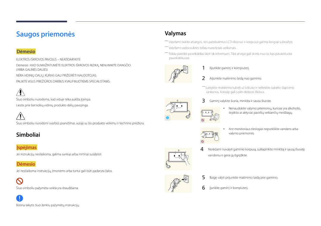 Samsung LH40DBDPLGC/EN, LH32DBDPLGC/EN, LH48DBDPLGC/EN, LH55DBDPLGC/EN manual Saugos priemonės, Valymas, Simboliai, Dėmesio 