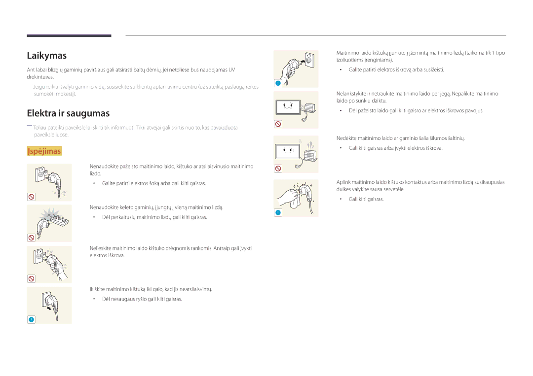 Samsung LH55DBDPLGC/EN, LH32DBDPLGC/EN, LH48DBDPLGC/EN, LH40DBDPLGC/EN manual Laikymas, Elektra ir saugumas 