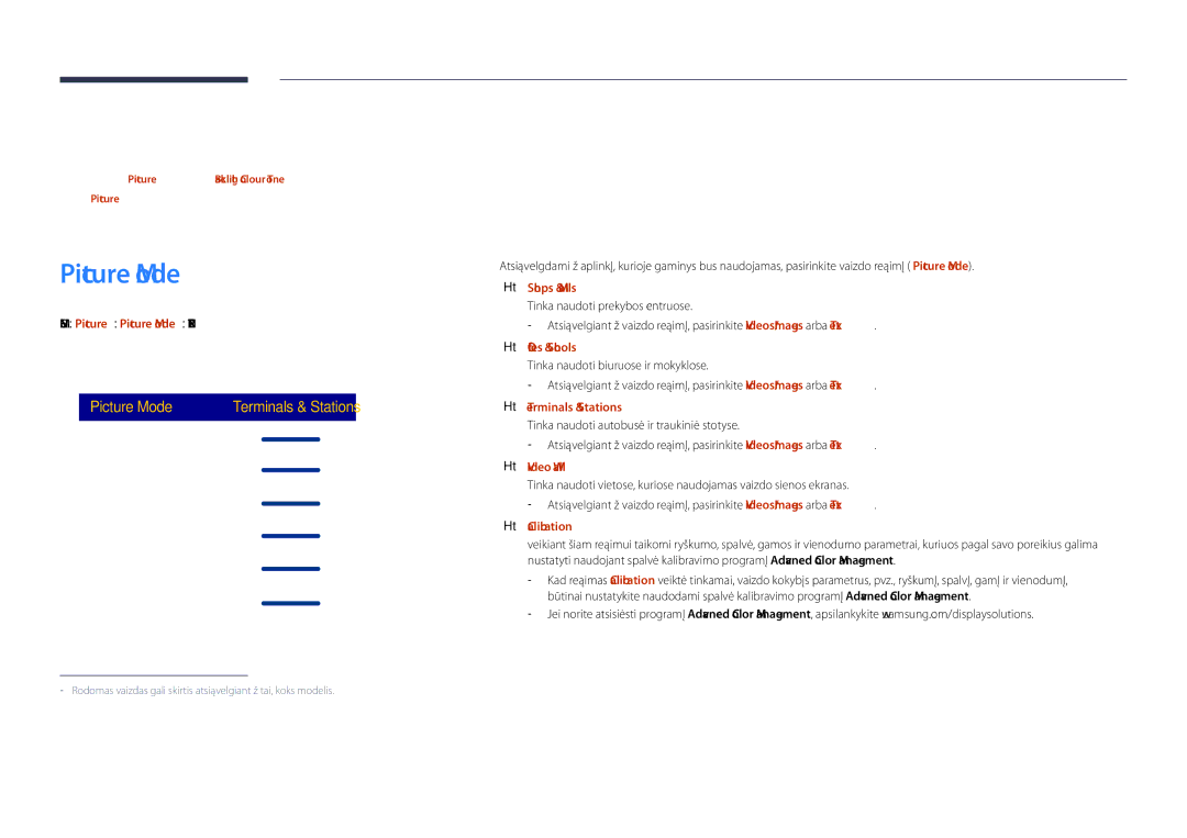 Samsung LH48DBDPLGC/EN, LH32DBDPLGC/EN, LH40DBDPLGC/EN Ekrano reguliavimas, Menu m → Picture → Picture Mode → Enter E 